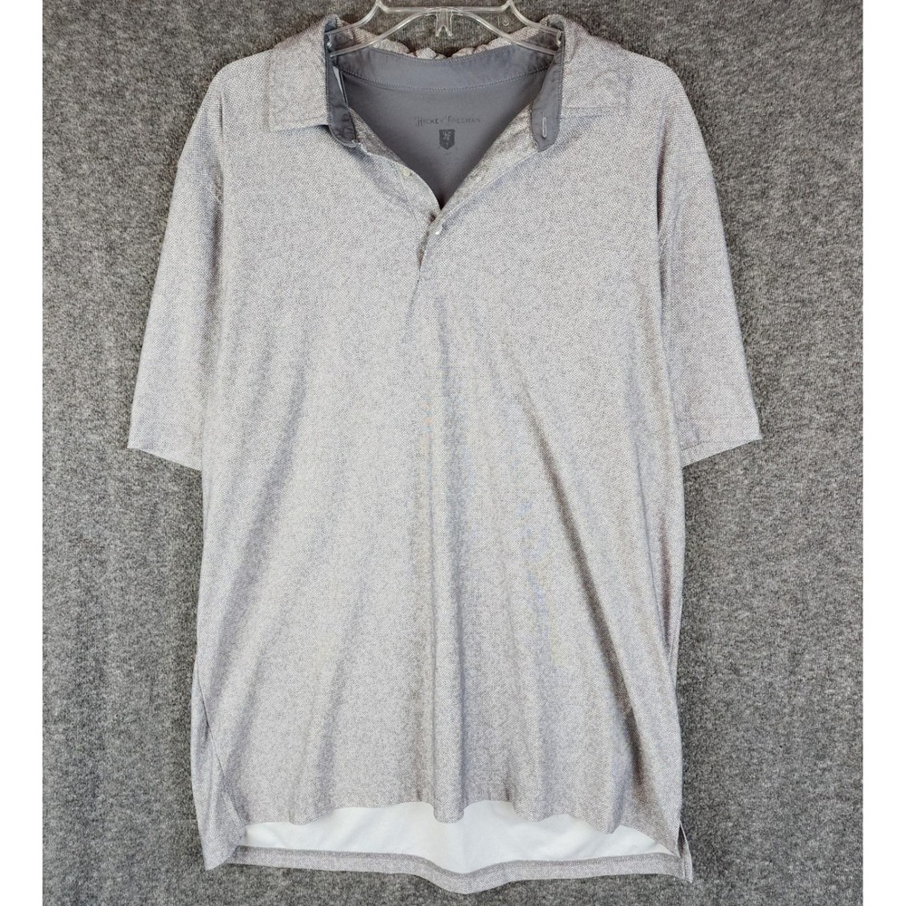 Hickey Freeman Polo Shirt Mens L Grey Micro Print Short Sleeve Stretch EUC